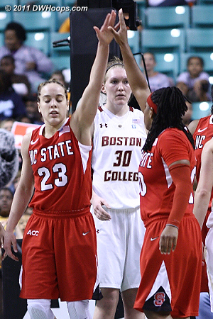 After the foul call  - NCSU Players: #00 Amber White, #23 Marissa Kastanek 