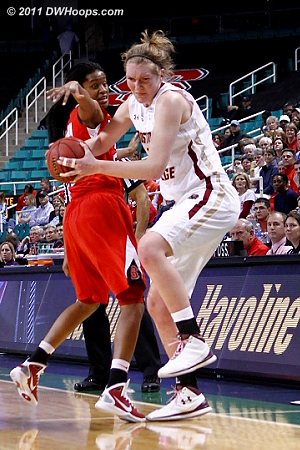 Swords far from the basket as State totally disrupts BC's offensive flow  - BC Players: #30 Carolyn Swords - NCSU Tags: #21 Brittany Strachan 