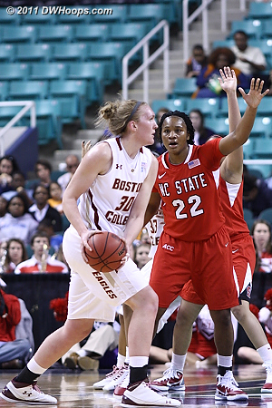 Swords at high post with Murphy on the bench  - BC Players: #30 Carolyn Swords - NCSU Tags: #22 Bonae Holston 