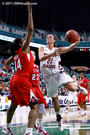 Doherty tries to get it over Burke  - BC Players: #21 Kristen Doherty - NCSU Tags: #44 Kody Burke 