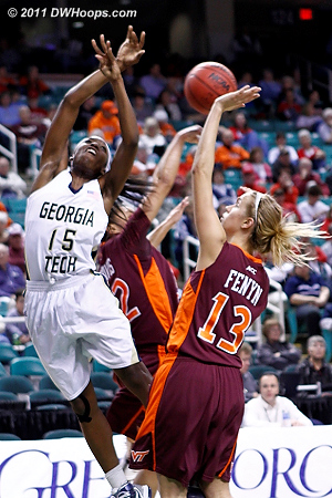 A stop for the Hokies  - VT Players: #12 Nikki Davis, #13 Alyssa Fenyn - GT Tags: #15 Tyaunna Marshall 