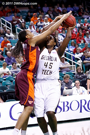 DWHoops Photo  - VT Players: #21 Brittni Montgomery - GT Tags: #45 Sasha Goodlett 