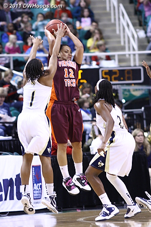 Jackets swarming at both ends of the floor  - VT Players: #12 Nikki Davis - GT Tags: #1 Dawnn Maye, #2 Mo Bennett 