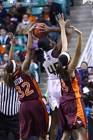 Shot block by Ayers  - VT Players: #23 Brittany Gordon, #32 Taylor Ayers - GT Tags: #45 Sasha Goodlett 