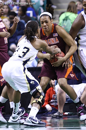 Jackets press in action, forcing 22 first half turnovers  - VT Players: #31 Monet Tellier - GT Tags: #23 Deja Foster 