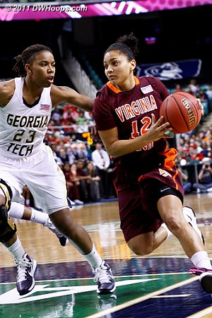 Tech tries to get something going but fall further behind  - VT Players: #12 Nikki Davis - GT Tags: #23 Deja Foster 