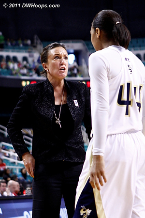 Georgia Tech coach MaChelle Joseph has an earful for Jasmine Blain during the 2011 ACC Tournament.