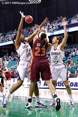 Passing out of trouble  - VT Players: #23 Brittany Gordon - GT Tags: #10 Danielle Hamilton-Carter, #24 Shayla Bivins 