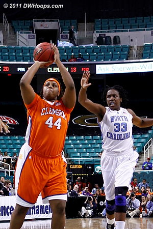 During the Clemson 12-2 run  - CLEM Players: #44 Shaniqua Pauldo - UNC Tags: #33 Laura Broomfield 