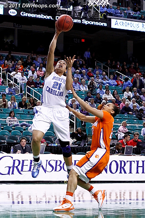 UNC started the half by turning over Clemson for a fast break bucket  - CLEM Players: #22 Sthefany Thomas - UNC Tags: #21 Krista Gross 