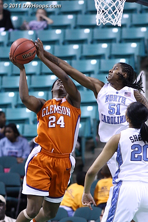 Rejection by Breland  - CLEM Players: #24 Jasmine Tate - UNC Tags: #51 Jessica Breland 
