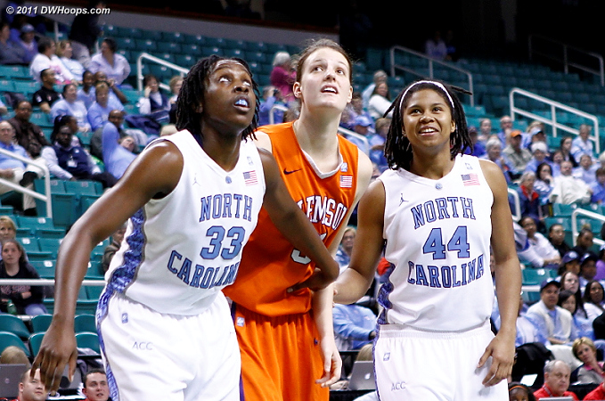 Collegial group on the blocks with the game decided  - CLEM Players: #31 Lindsey Mason - UNC Tags: #33 Laura Broomfield, #44 Tierra Ruffin-Pratt 