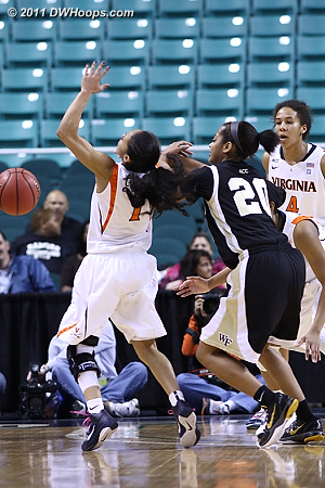 Foul on Waters  - UVA Players: #1 China Crosby - WF Tags: #20 Brittany Waters 