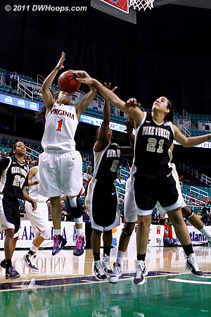Garcia taking chances with 4 fouls and the game on the line  - UVA Players: #1 China Crosby - WF Tags: #21 Sandra Garcia 