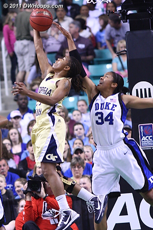 Another block by Krystal  - Duke Tags: #34 Krystal Thomas - GT Players: #23 Deja Foster 