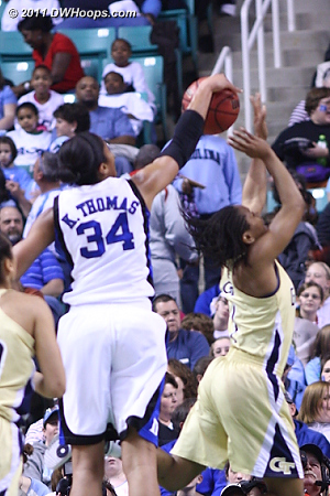 Block #3 for Krystal, all in the first five minutes  - Duke Tags: #34 Krystal Thomas - GT Players: #1 Dawnn Maye 