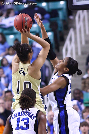 Krystal forces a miss  - Duke Tags: #34 Krystal Thomas - GT Players: #10 Danielle Hamilton-Carter 