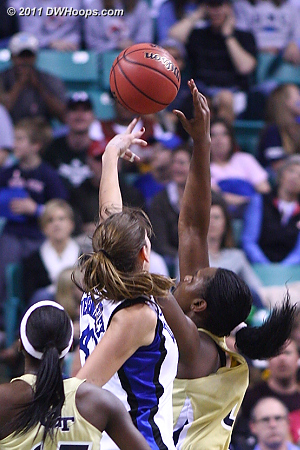 After the block  - Duke Tags: #43 Allison Vernerey - GT Players: #45 Sasha Goodlett 