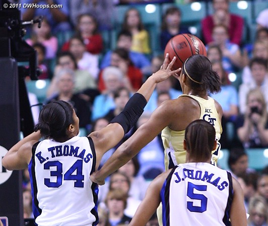 Block by Krystal  - Duke Tags: #34 Krystal Thomas - GT Players: #22 Alex Montgomery 