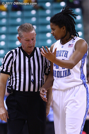 Trying to explain away a foul  - UNC Players: #44 Tierra Ruffin-Pratt 