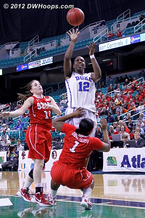Blocking  - Duke Tags: #12 Chelsea Gray - NCSU Players: #1 Myisha Goodwin-Coleman, #11 Emili Tasler 