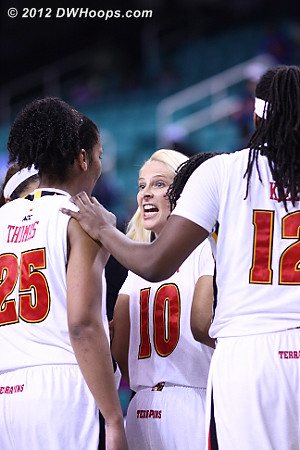 Maryland huddle as Coach B has some words for her star  - MD Players: #25 Alyssa Thomas, Head Coach Brenda Frese 