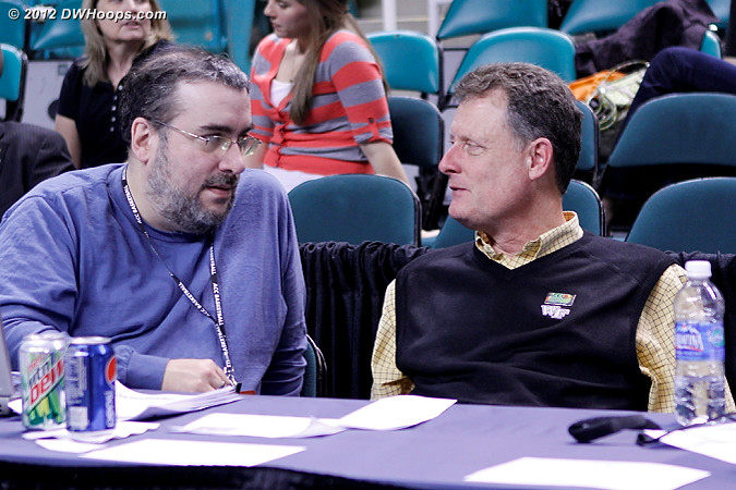 Wake coach Mike Petersen with DWHoops Rob Clough on press row  