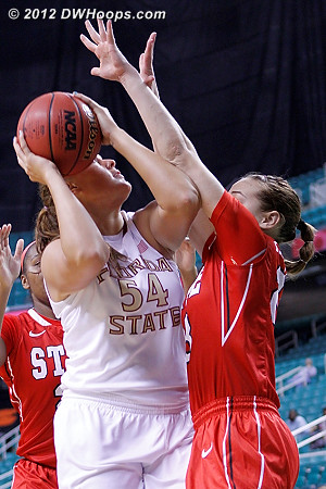 First basket - mismatch inside with Kastanek on Bravard  - FSU Players: #54 Cierra Bravard - NCSU Tags: #23 Marissa Kastanek 