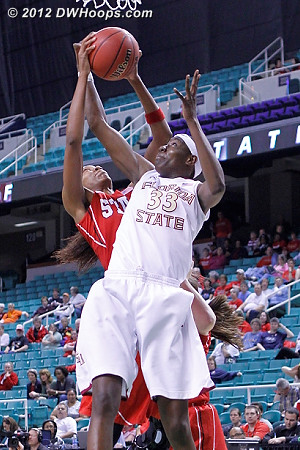 Bell and Howard tangle  - FSU Players: #33 Natasha Howard - NCSU Tags: #4 Tia Bell 