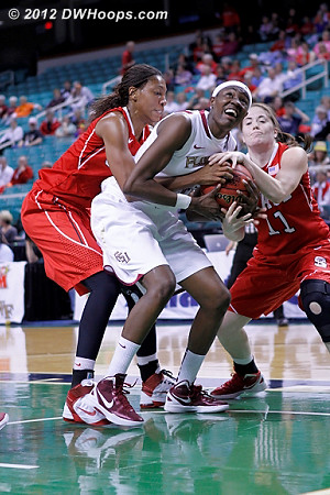 Held ball  - FSU Players: #33 Natasha Howard - NCSU Tags: #4 Tia Bell, #11 Emili Tasler 