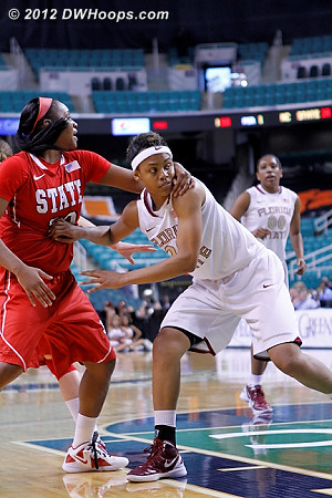 The mutual hand of friendship extended just outside the paint  - FSU Players: #20 Kristi Mokube - NCSU Tags: #22 Bonae Holston 