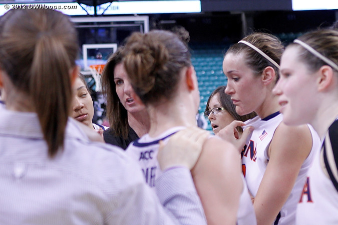 UVa postgame huddle - they're not satisfied with just a first round win  - UVA Players: #50 Chelsea Shine, Head Coach Joanne Boyle 