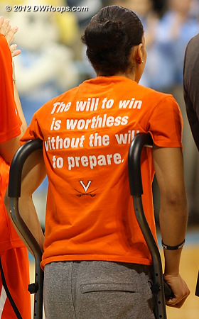 China Crosby, out for the season with an ACL injury, stands on crutches during the National Anthem  - UVA Players: #1 China Crosby 