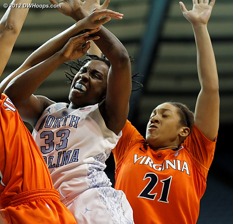 A fierce battle inside  - UNC Players: #33 Laura Broomfield - UVA Tags: #21 Jazmin Pitts 