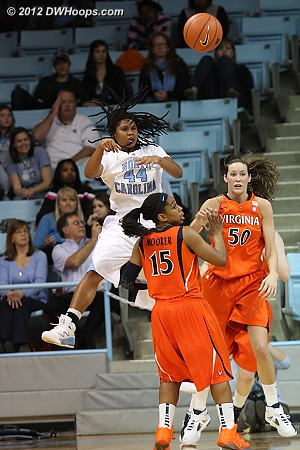 Ruffin-Pratt whips a pass to the high post  - UNC Players: #44 Tierra Ruffin-Pratt - UVA Tags: #15 Ariana Moorer, #50 Chelsea Shine 