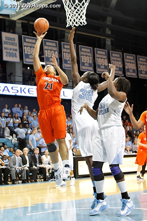 Pitts beats the halftime buzzer to cut the Heels lead to 11  - UNC Players: #32 Waltiea Rolle, #33 Laura Broomfield - UVA Tags: #21 Jazmin Pitts 