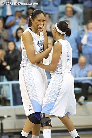 Wood and Shegog discuss a wayward pass at the end of the game  - UNC Players: #4 Candace Wood, #20 Chay Shegog 