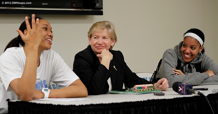 Discussing that wayward pass in the closing seconds  - UNC Players: #4 Candace Wood, #20 Chay Shegog, Head Coach Sylvia Hatchell 