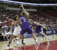  - Joy Cheek works against Brennan-McBride and Merrihue with just over a minute to play