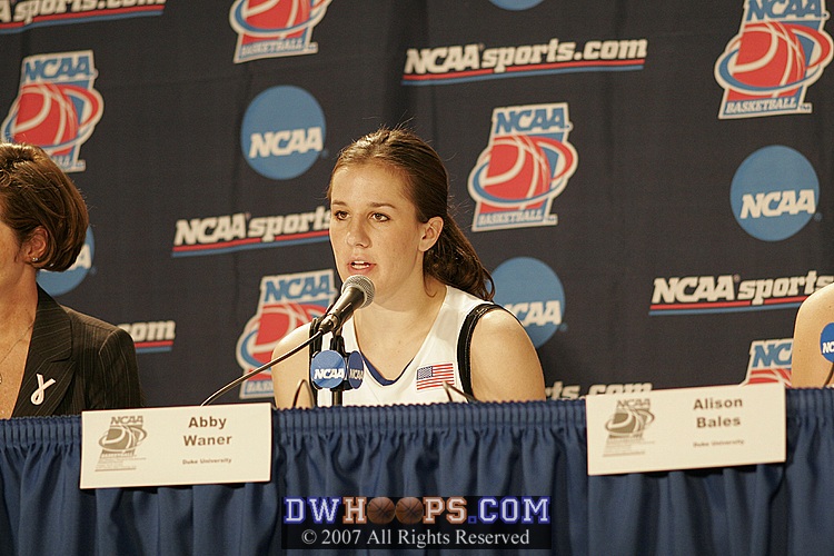 Abby answers a question from Rob in the Duke postgame press conference