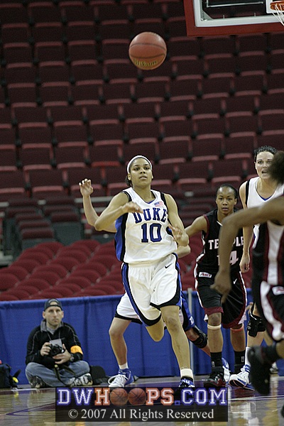 Lindsey Harding tries a long pass to start the Duke break...
