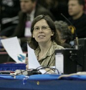  - Women's basketball writer Mechelle Voepel on press row