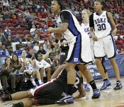 57-46, 4;41 - Off the Smith miss, a Duke triple team forces Lady Comfort into a travel