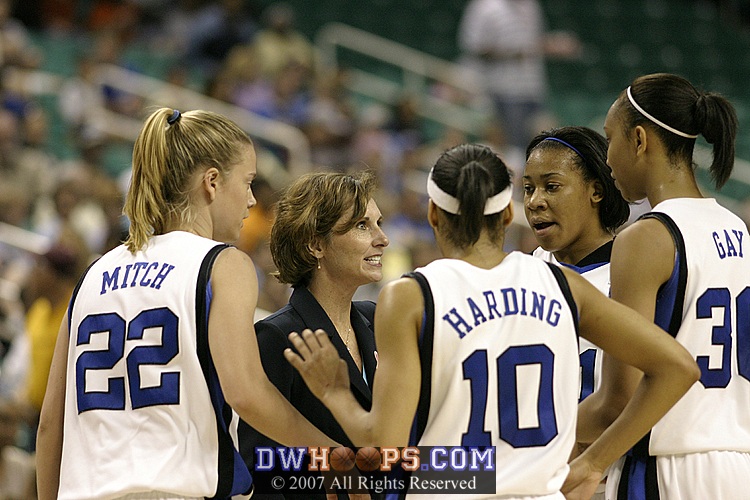 An intense Gail Goestenkors in the huddle, trying to get her team going