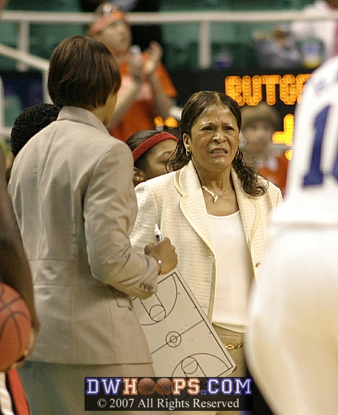 Rutgers Head Coach C. Vivian Stringer is furious at Duke's easy basket