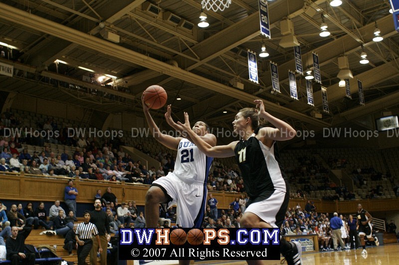 Joy Cheek goes to the hoop to put Duke up by 17.   A subsequent buzzer beater by Mitch gave Duke a 19 point cushion at the break.