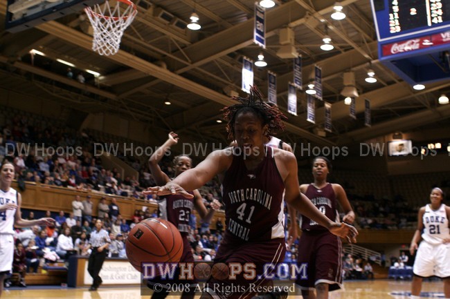 Latoya Bennett is unable to corral this wayward Duke pass