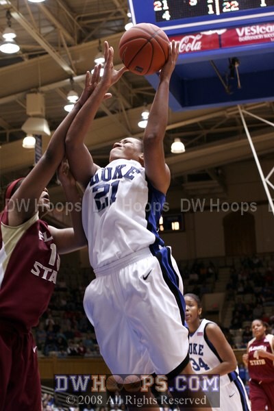 Joy Cheek is fouled by Howard, denying the goal and Jasmine's assist.  She made both and Duke led by 10.