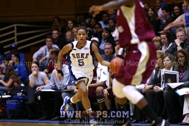 Jasmine Thomas brings the ball past the FSU bench after another of Duke's 19 steals