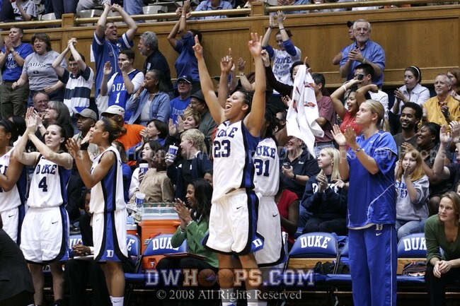 Duke bench celebrates Emily's trey